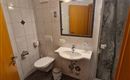 A small bathroom with a sink, a toilet, and a shower. The walls are tiled and there is a large mirror.