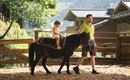 A small child is sitting on a pony and is being led by an adult. In the background, nature and wooden houses can be seen.