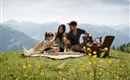 A family enjoys a picnic on a meadow in the mountains. In the background, majestic mountains and a blue sky can be seen.
