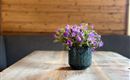 Ein Holztisch mit einer Vase voller lila Blumen steht im Vordergrund. Im Hintergrund sind Holzpaneele und Fotos an der Wand zu sehen.