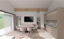 A modern, bright living and dining room with a round table and elegant chairs. The large windows offer a view outside and provide plenty of daylight.