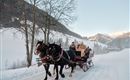 Eine Pferdeschlittenfahrt durch eine verschneite Landschaft. Im Hintergrund sind Berge und Bäume zu sehen.