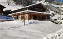 A cozy wooden house in the snow. The sky is clear and blue, surrounded by snowy mountains.