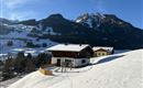 Ein verschneites Landschaftsbild mit einem traditionellen Chalet im Vordergrund. Im Hintergrund erheben sich majestätische Berge unter einem klaren Himmel.