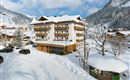 A cozy hotel in a snow-covered mountain landscape. Surrounded by snow-covered trees and alpine houses.