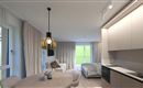 A modern room with a kitchenette, a dining area, and a bedroom.  
Large windows let in a lot of light.
