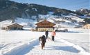 Zwei Personen gehen mit einem Hund auf einem schneebedeckten Weg. Im Hintergrund sind traditionelle Berghäuser und eine malerische Winterlandschaft zu sehen.